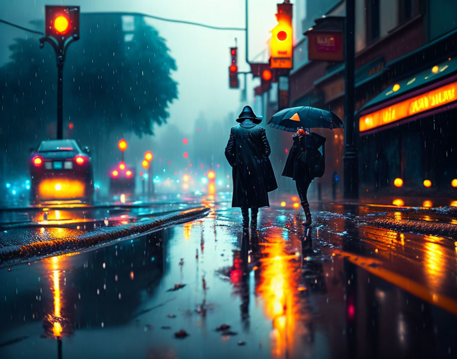 Two individuals under umbrella in rainy city street at dusk with traffic light reflections.