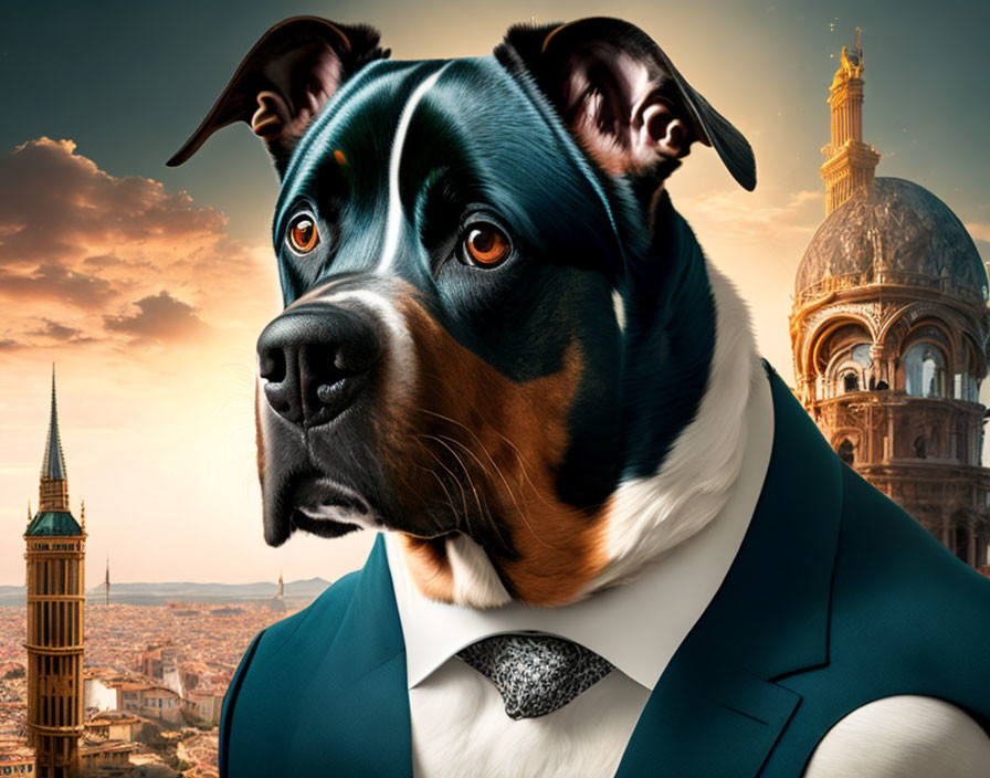 Surreal anthropomorphic dog in cityscape with landmarks