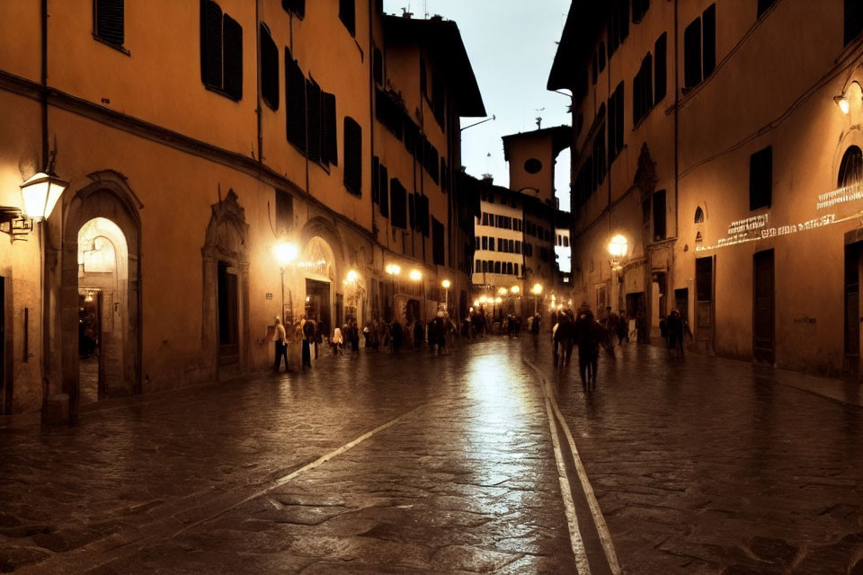 European Street Scene with Glowing Lights and Old Buildings