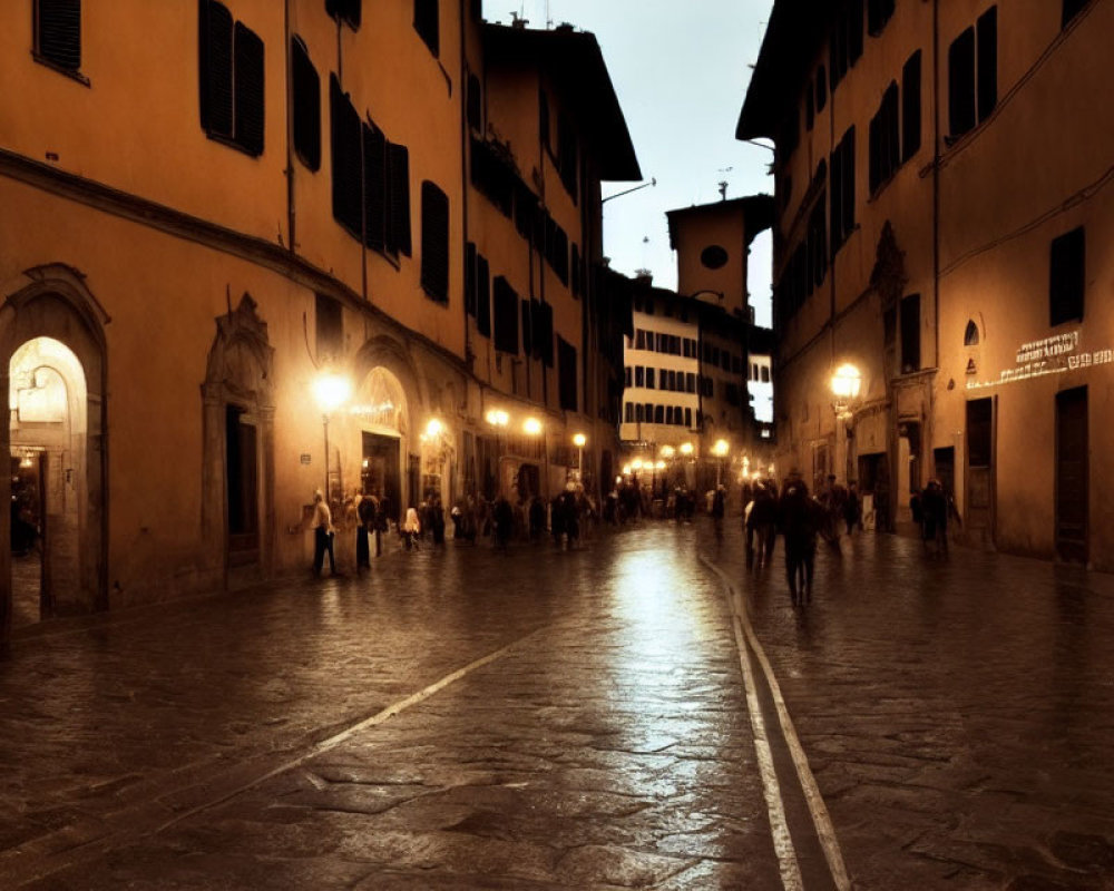 European Street Scene with Glowing Lights and Old Buildings