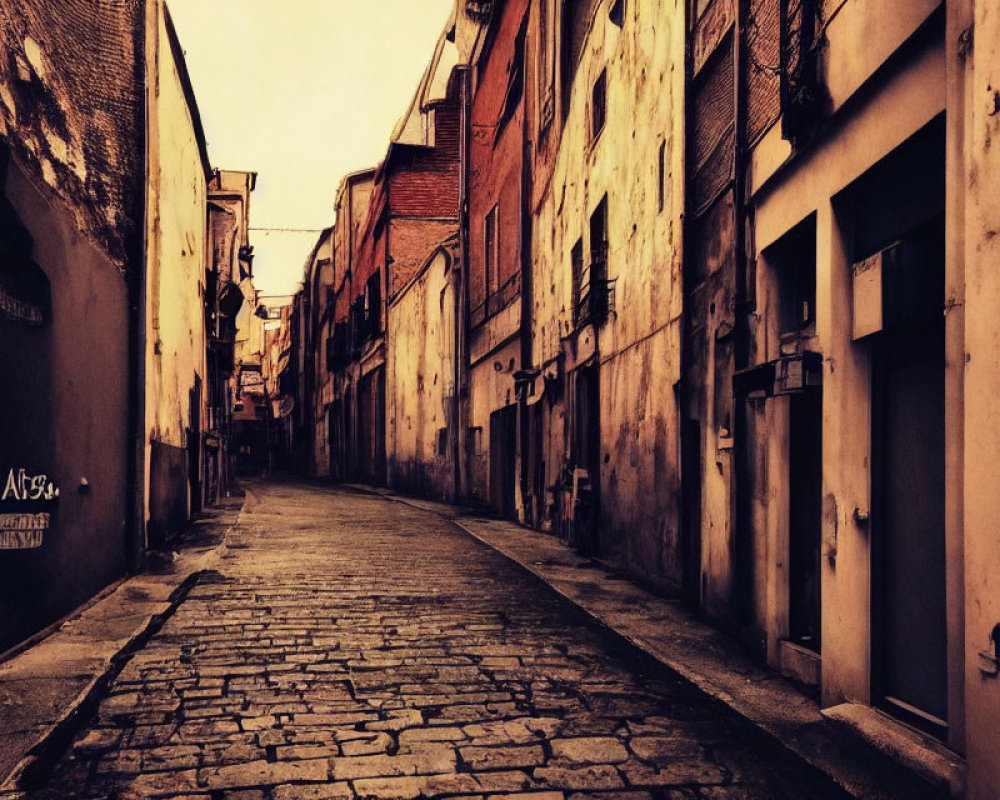 Deserted cobblestone street with old buildings and graffiti