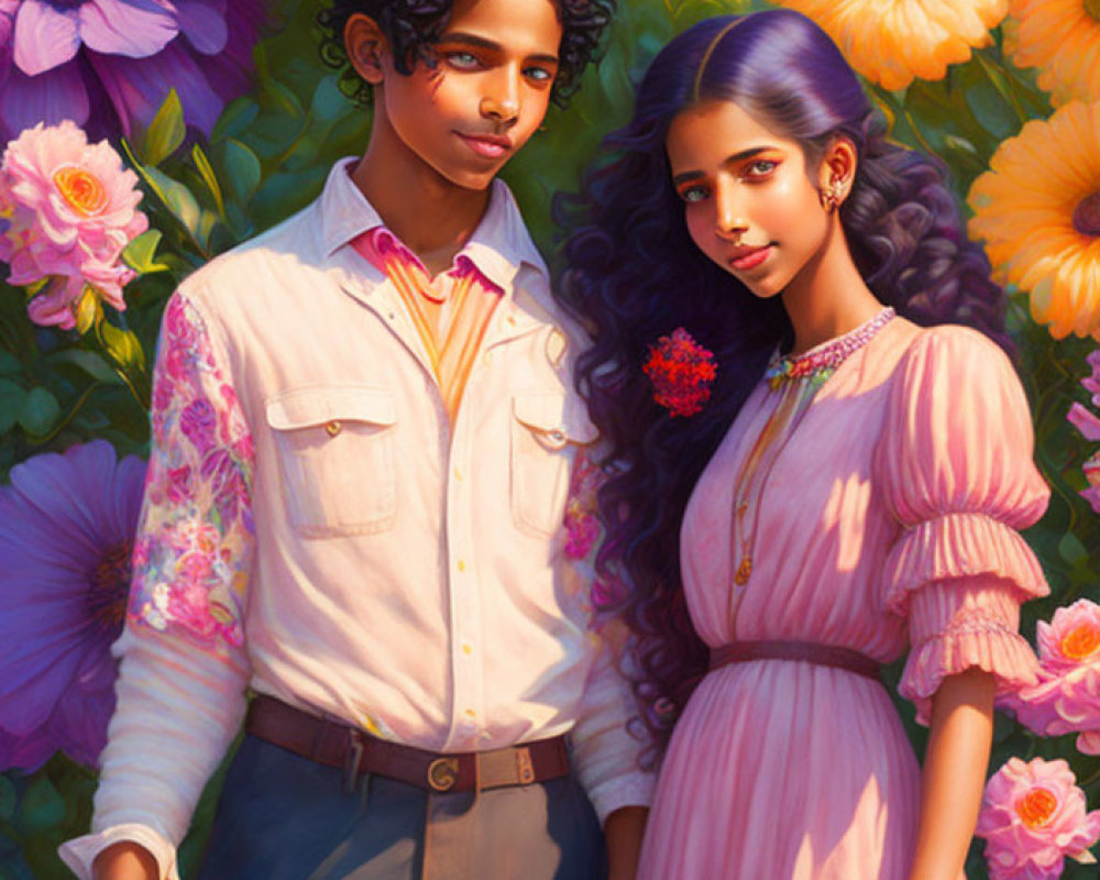 Dark-Haired Individuals in Pastel Clothing Near Vibrant Flowers