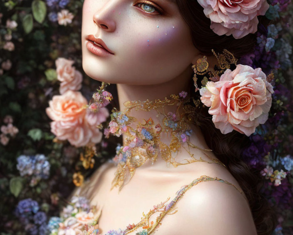 Woman portrait with floral and gold accents in romantic setting