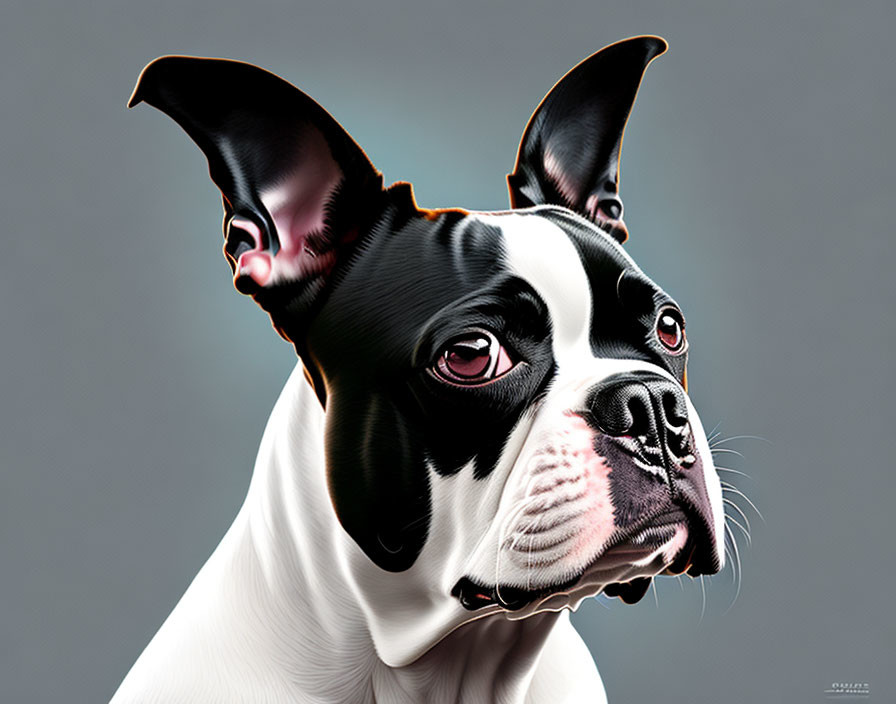 Boston Terrier Digital Illustration with Pointed Ears on Grey Background