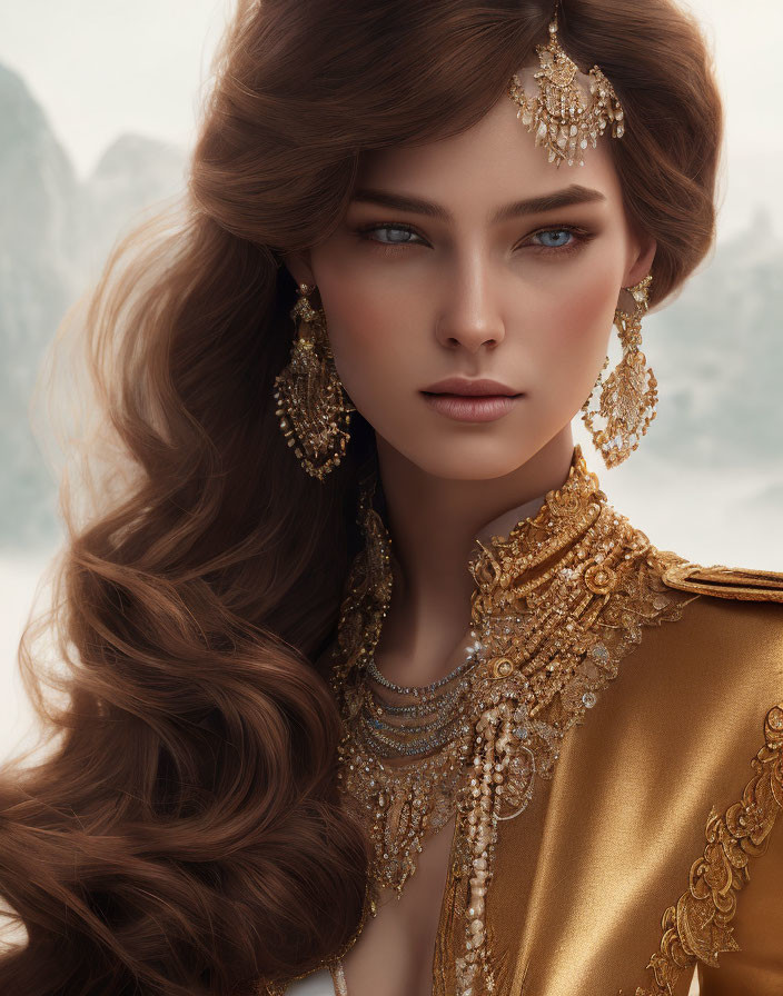 Woman with Blue Eyes and Wavy Brown Hair in Gold Jewelry on Snowy Background