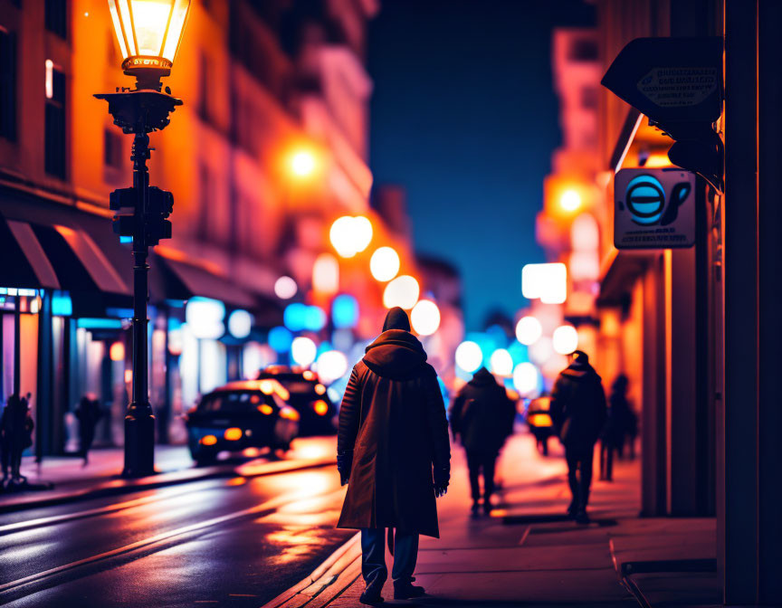 Person standing on city sidewalk at night under warm street lamp glow with vibrant bokeh lights.