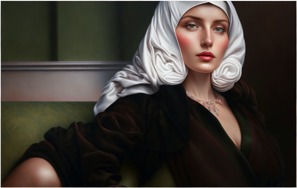 Digital painting of woman in white headdress and dark robe with blue eyes, red lips, and intricate