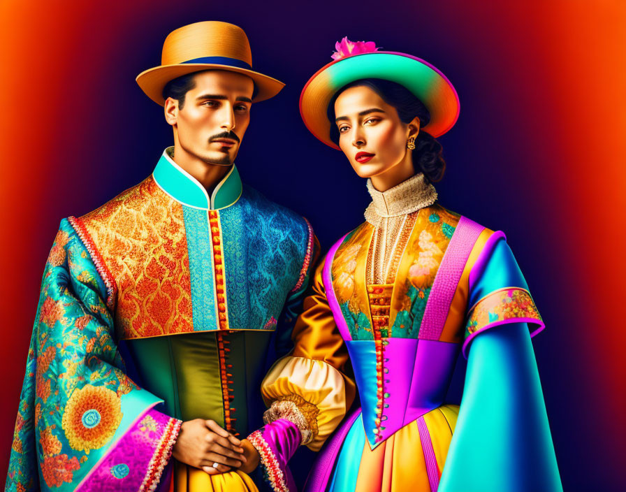 Vibrant digital art portrait of man and woman in ornate clothing