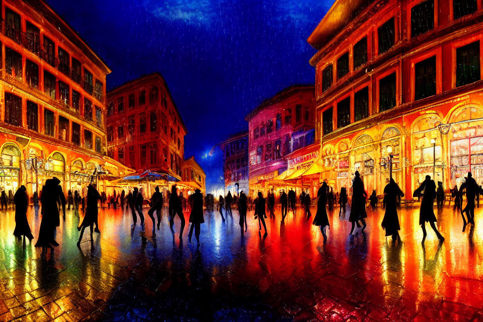 Urban square night scene with people, starry sky, wet cobblestones, and illuminated buildings.