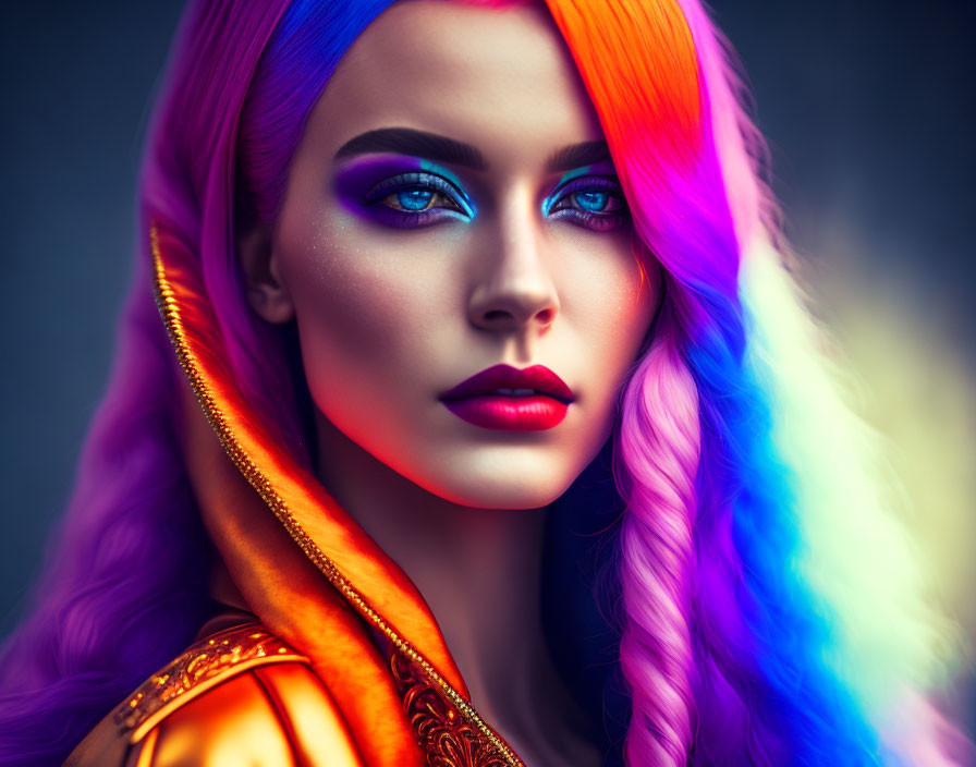 Colorful Woman with Rainbow Hair and Bold Makeup on Moody Background