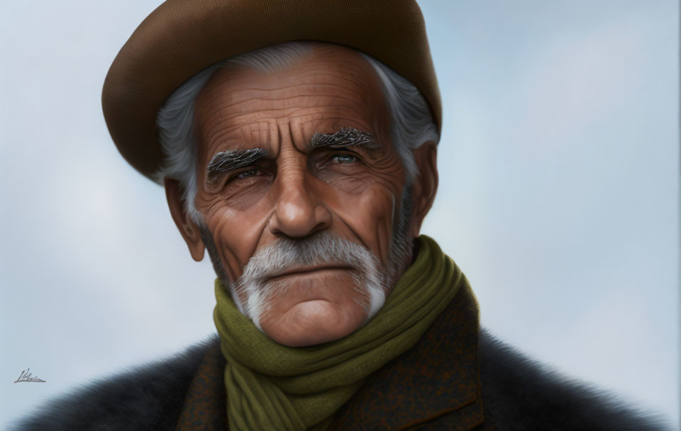 Elderly man portrait with stern expression, hat, mustache, scarf, and jacket