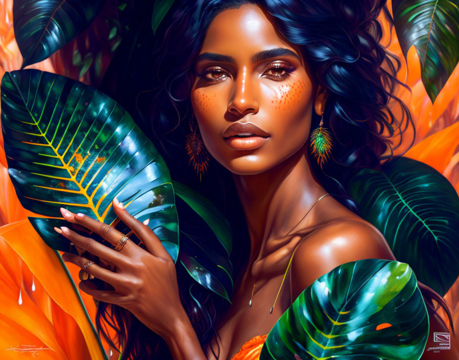 Digital artwork: Woman with leaf in tropical setting