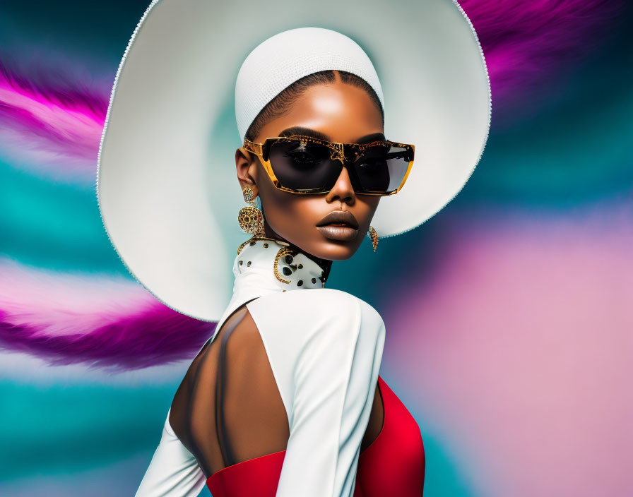 Fashionable woman in large sunglasses and white hat on vibrant background, sporting bold earrings and red and white