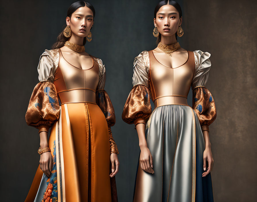 Medieval-inspired dresses with puffed sleeves and metallic corset tops on two women.