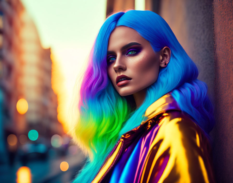 Colorful woman with blue and green hair in multicolored jacket at urban sunset