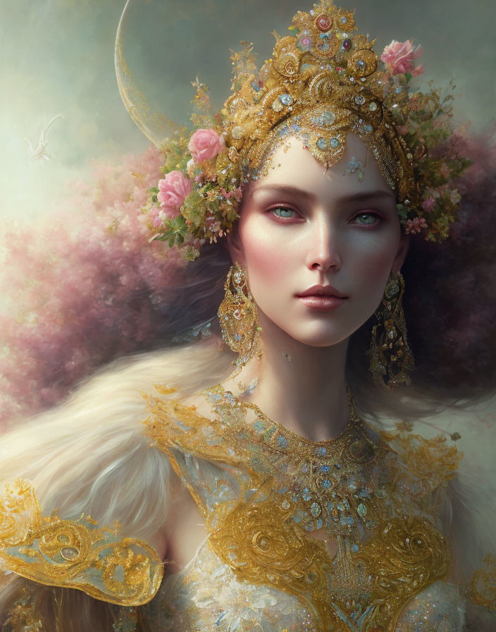 Golden headdress adorned woman with pink roses in misty background