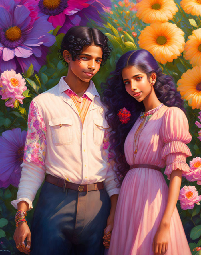 Dark-Haired Individuals in Pastel Clothing Near Vibrant Flowers