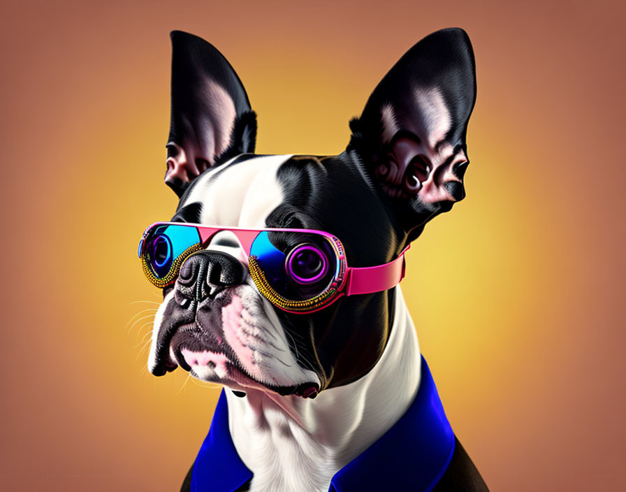 Stylized French Bulldog with colorful camera lens sunglasses on orange background