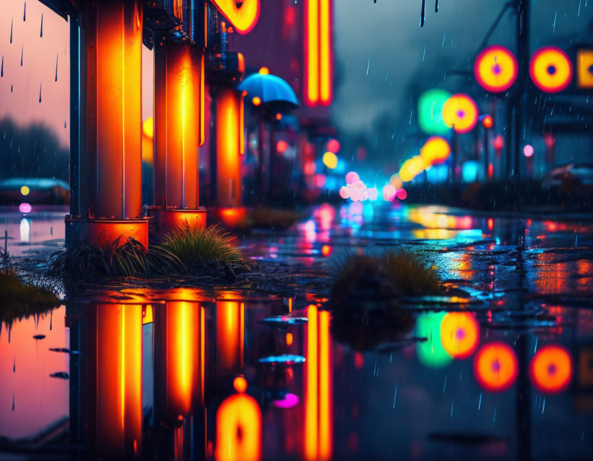 City street at night with neon lights reflecting on wet pavement