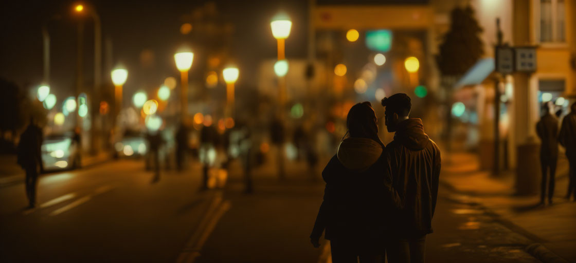 Night scene: Two individuals walking in illuminated street ambiance with a crowd.