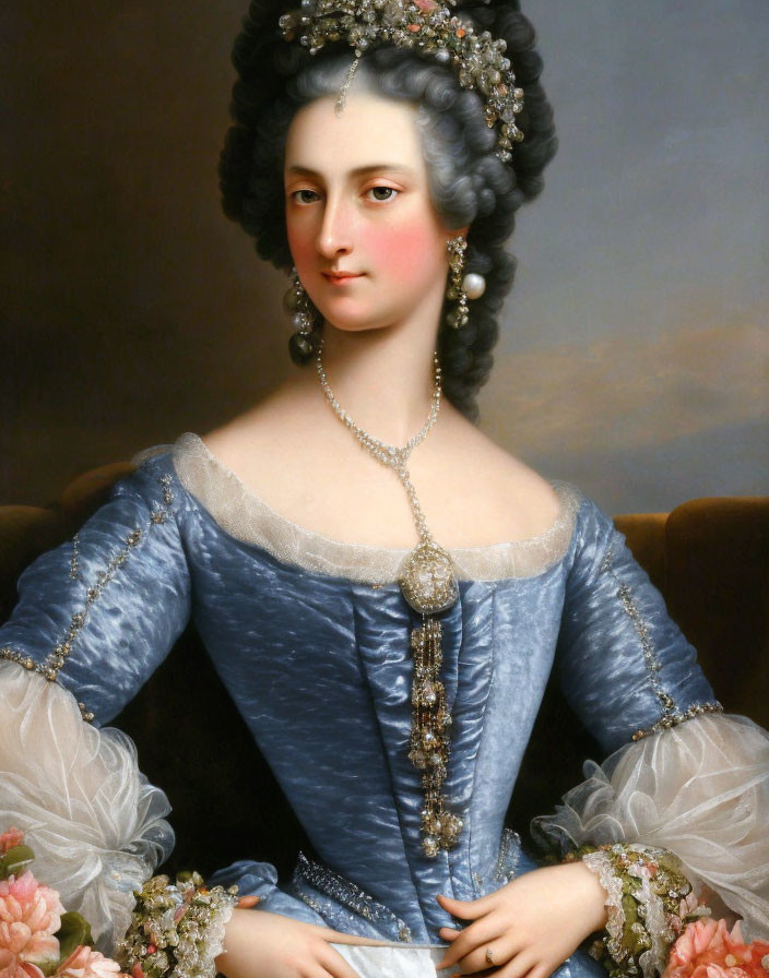 18th-Century Woman Portrait in Blue Gown with Lace and Floral Adornments