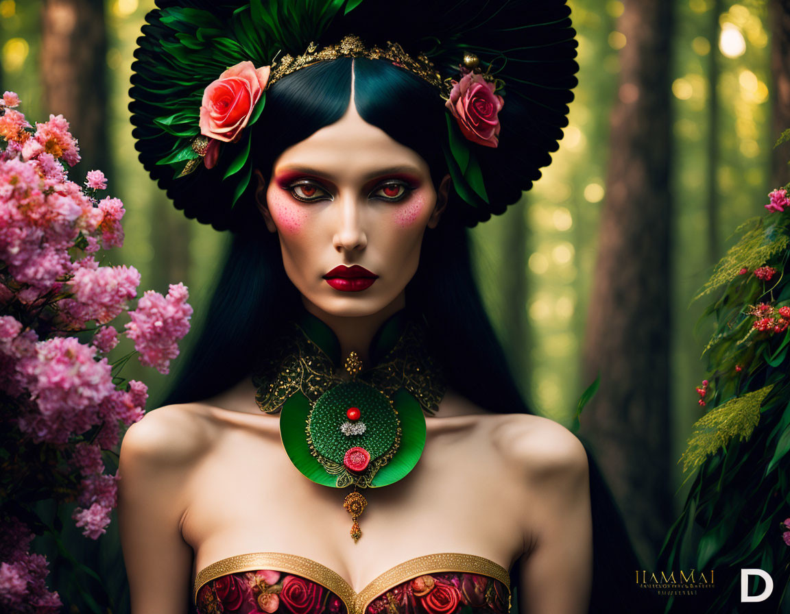 Woman with dramatic makeup and floral headdress in lush forest with pink flowers.