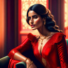 Luxurious woman in red dress with gold embroidery on green velvet chair