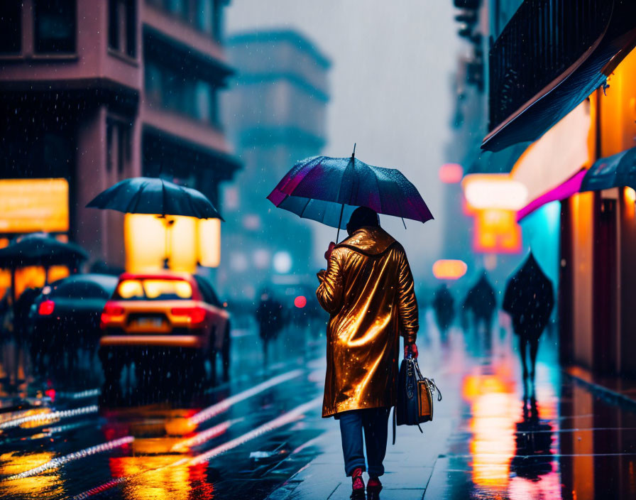 Person in Golden Coat Walking with Umbrella in Rainy City Street