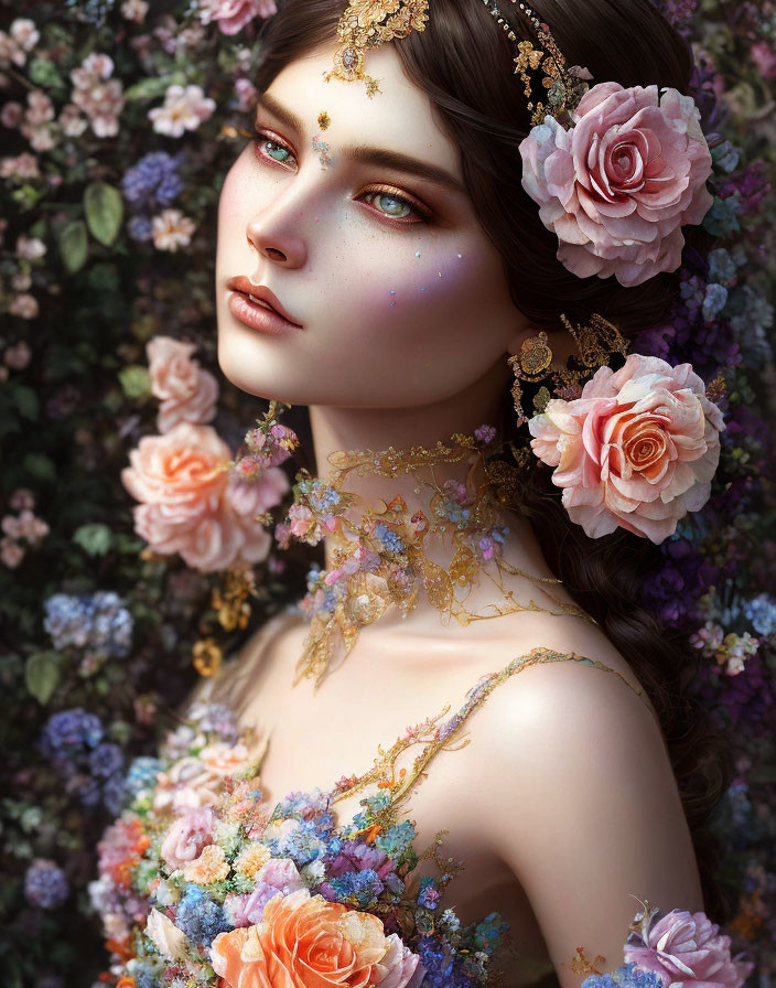 Woman portrait with floral and gold accents in romantic setting