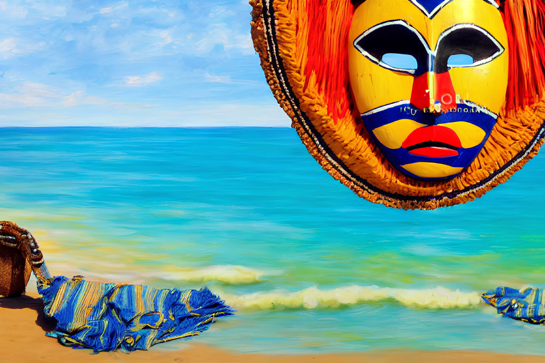 Colorful tribal mask on beach with clear skies and gentle waves - frayed blue fabric in sand