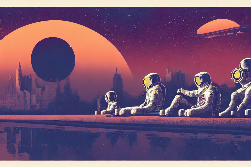 Astronauts on alien planet with moon, planets, city view