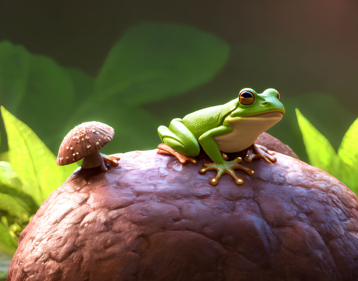 Green Frog on Brown Stone with Mushroom in Natural Setting