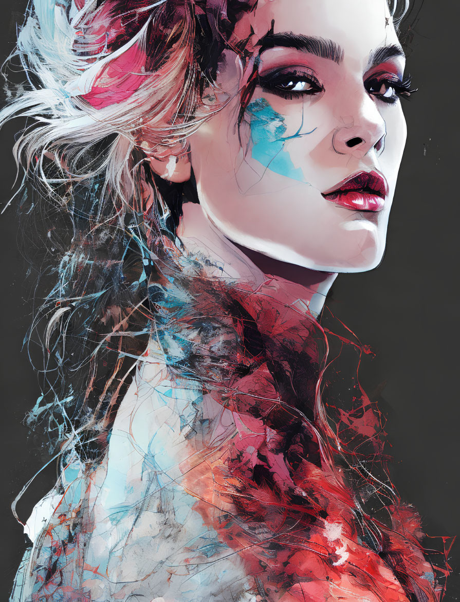 Colorful brush strokes portrait of a woman on dark background