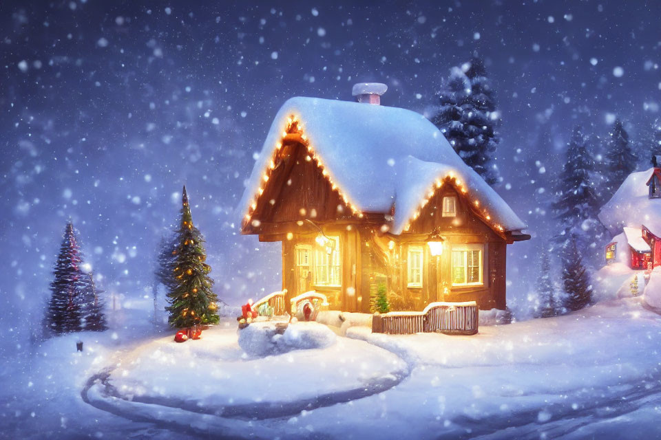 Snowy Evening Cottage with Festive Decorations and Falling Snowflakes