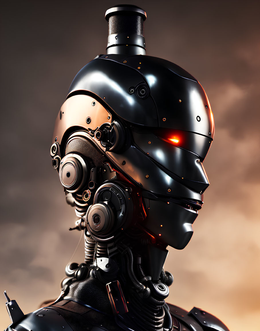 Detailed Robot Head with Black Exterior and Red Eye on Warm Background