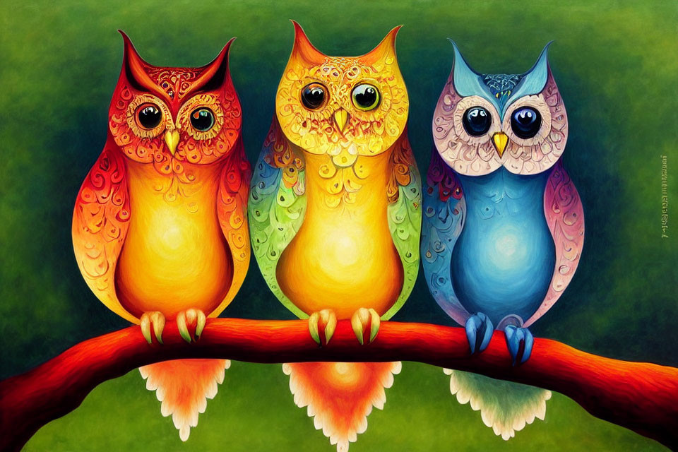 Vibrant colorful owls on branch with big eyes