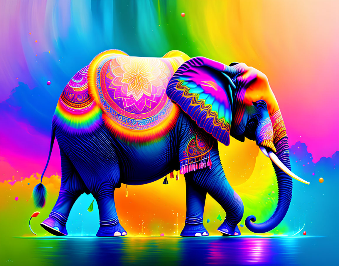 Colorful Psychedelic Elephant Artwork with Vibrant Patterns