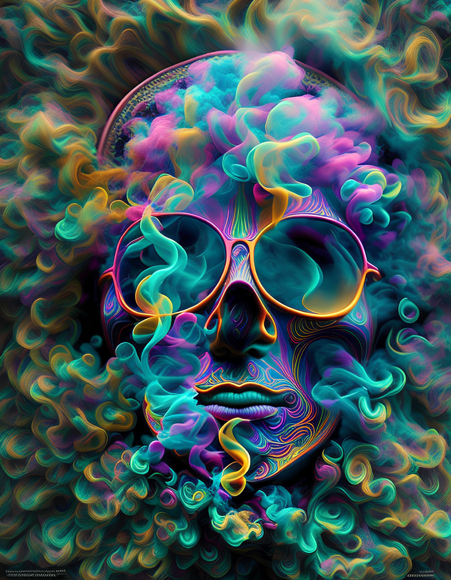 Colorful Skull with Round Glasses in Psychedelic Patterns