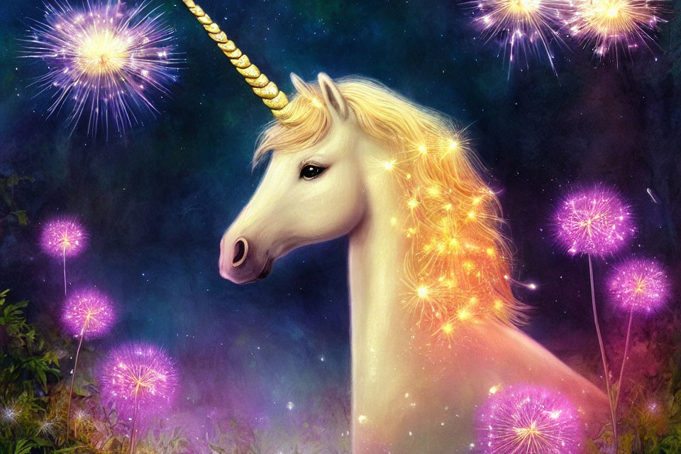 Golden-horned mythical unicorn in a mystical night sky with purple flowers