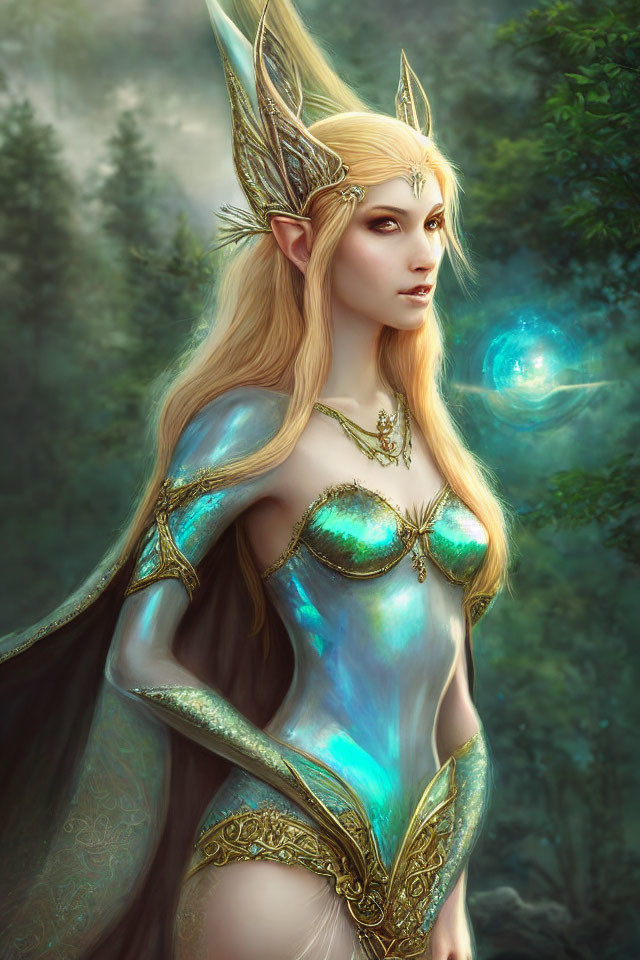 Elven character with long blond hair holding glowing blue orb in misty forest