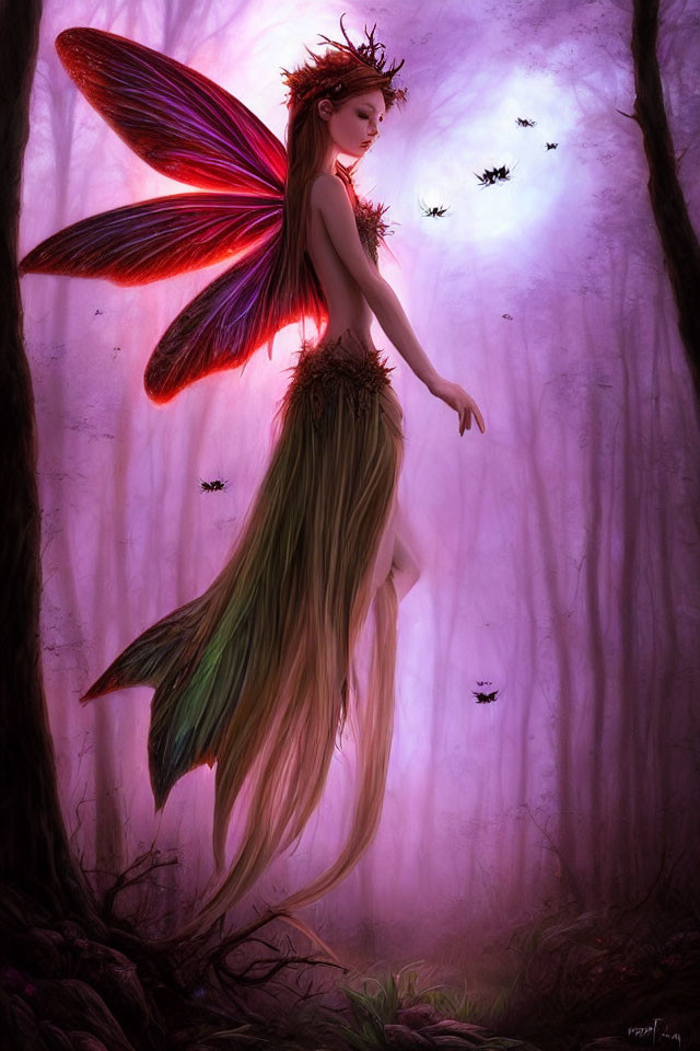 Colorful fairy with long hair in enchanted forest with flying creatures