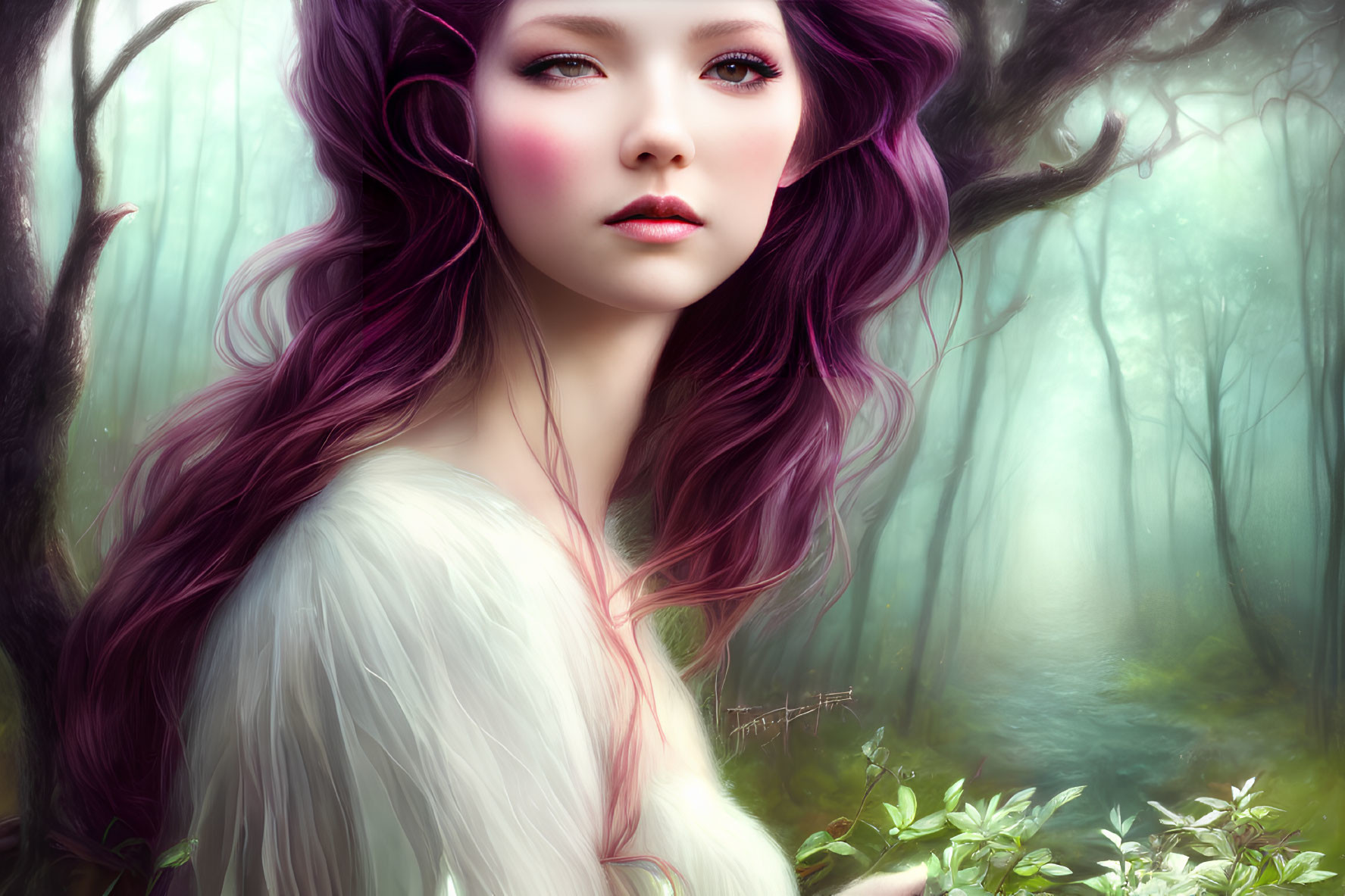 Purple-haired woman in serene pose against misty forest backdrop