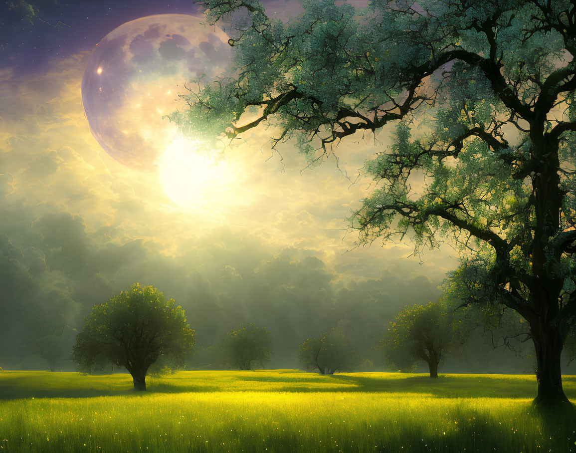 Vibrant fantasy landscape with oversized moon and mystical glow