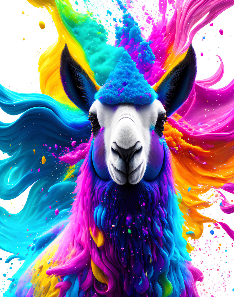 Colorful llama digital artwork with dynamic explosion of bright shades.