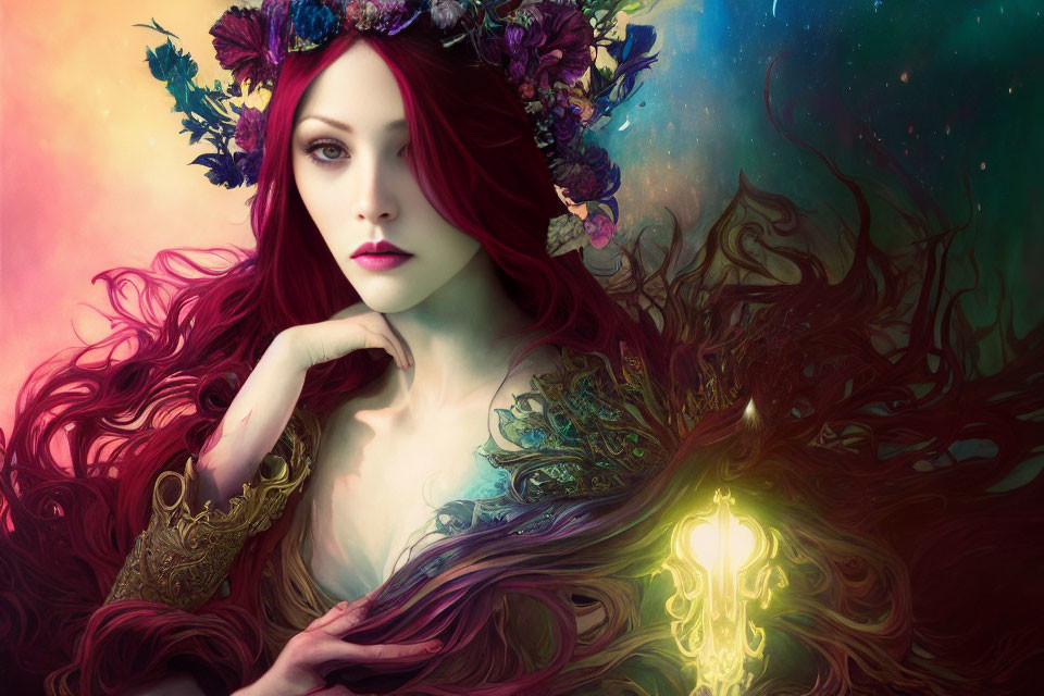 Fantasy artwork of woman with red hair and floral crown holding glowing key