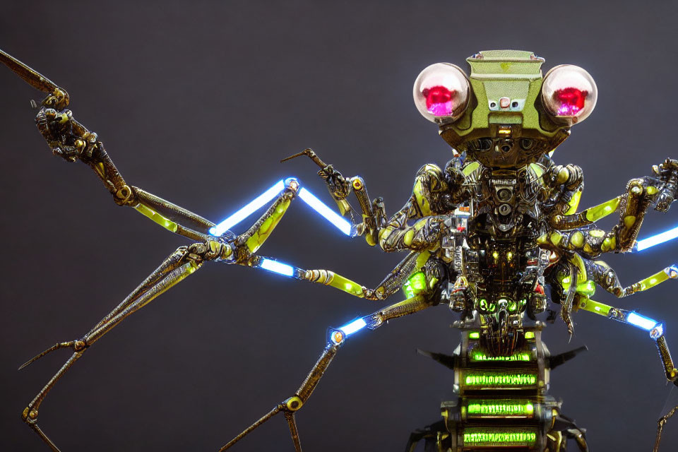 Detailed Mechanical Insectoid Figure with Glowing Joints and Red-Eyed Goggles