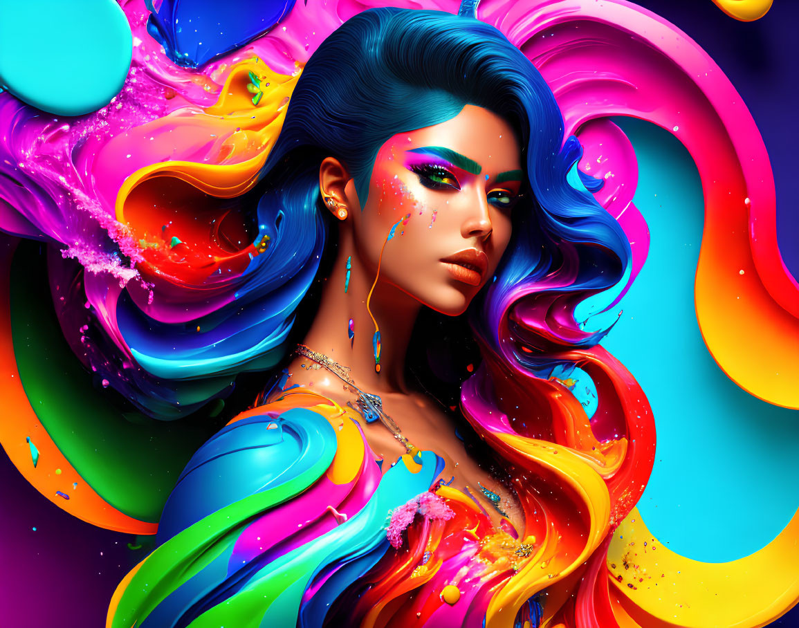 Colorful digital art portrait of a woman with blue hair and vibrant makeup surrounded by swirling multicolored