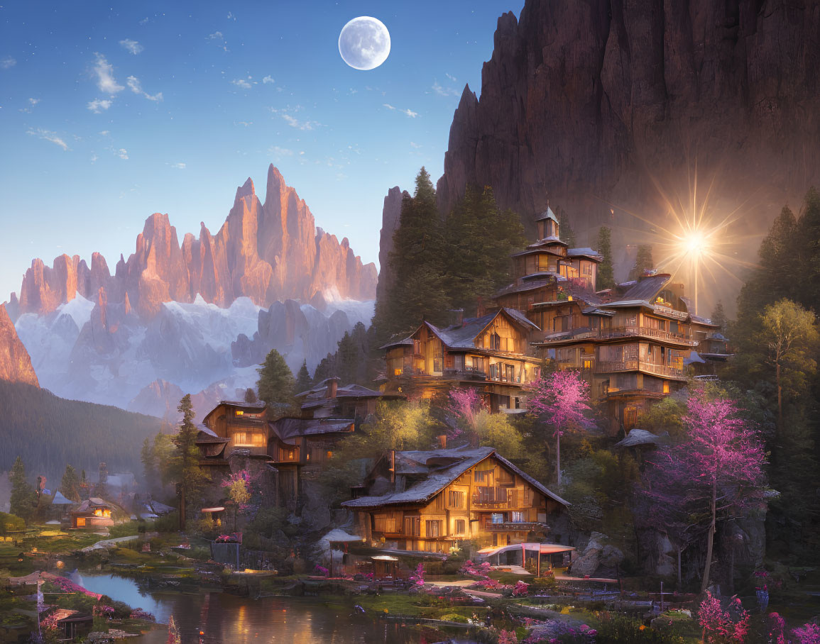 Scenic mountain village with wooden houses, blossoming trees, calm waterways