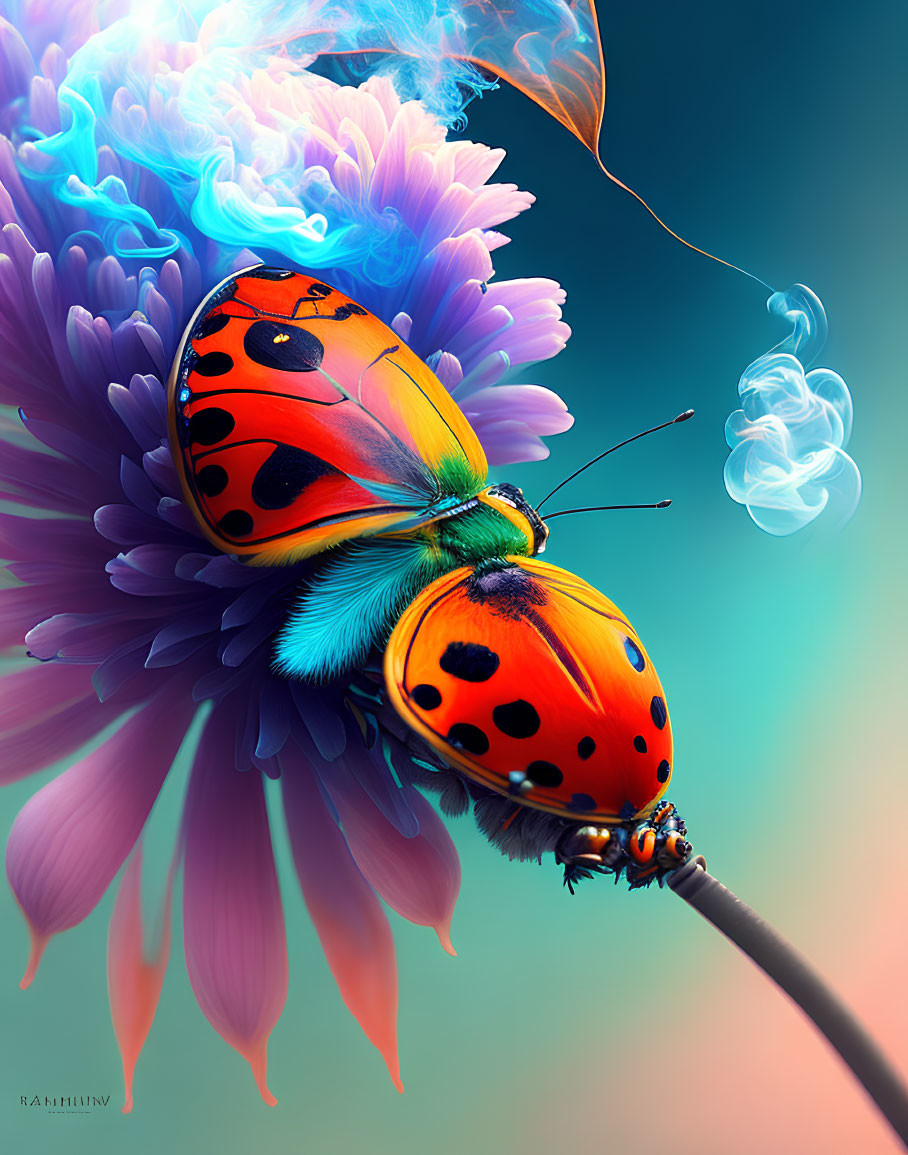 Colorful digital artwork: Ladybug with butterfly wings on a flower with whimsical smoke.