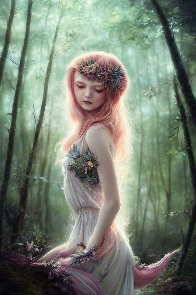 Woman with Pink Hair in Pastel Dress in Mystical Forest